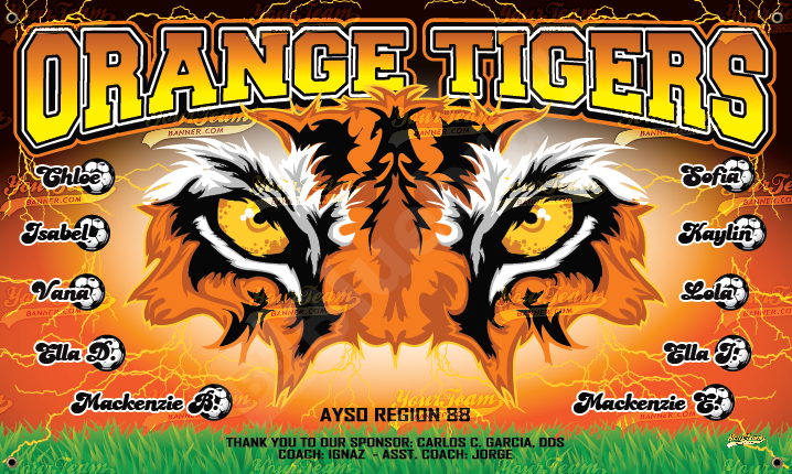 Orange Tigers Soccer team banner AYSO Region 88